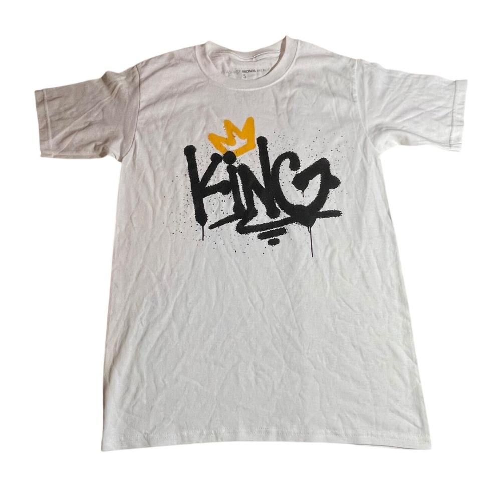 Fashion Nova Men White King Graphic Print Short‎ Sleeve T Shirt small cotton